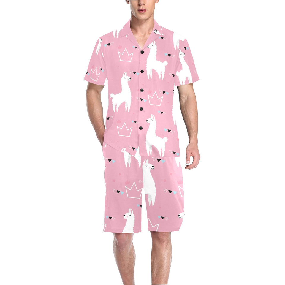 Llama Alpaca pink background Men's V-Neck Short Pajama Set
