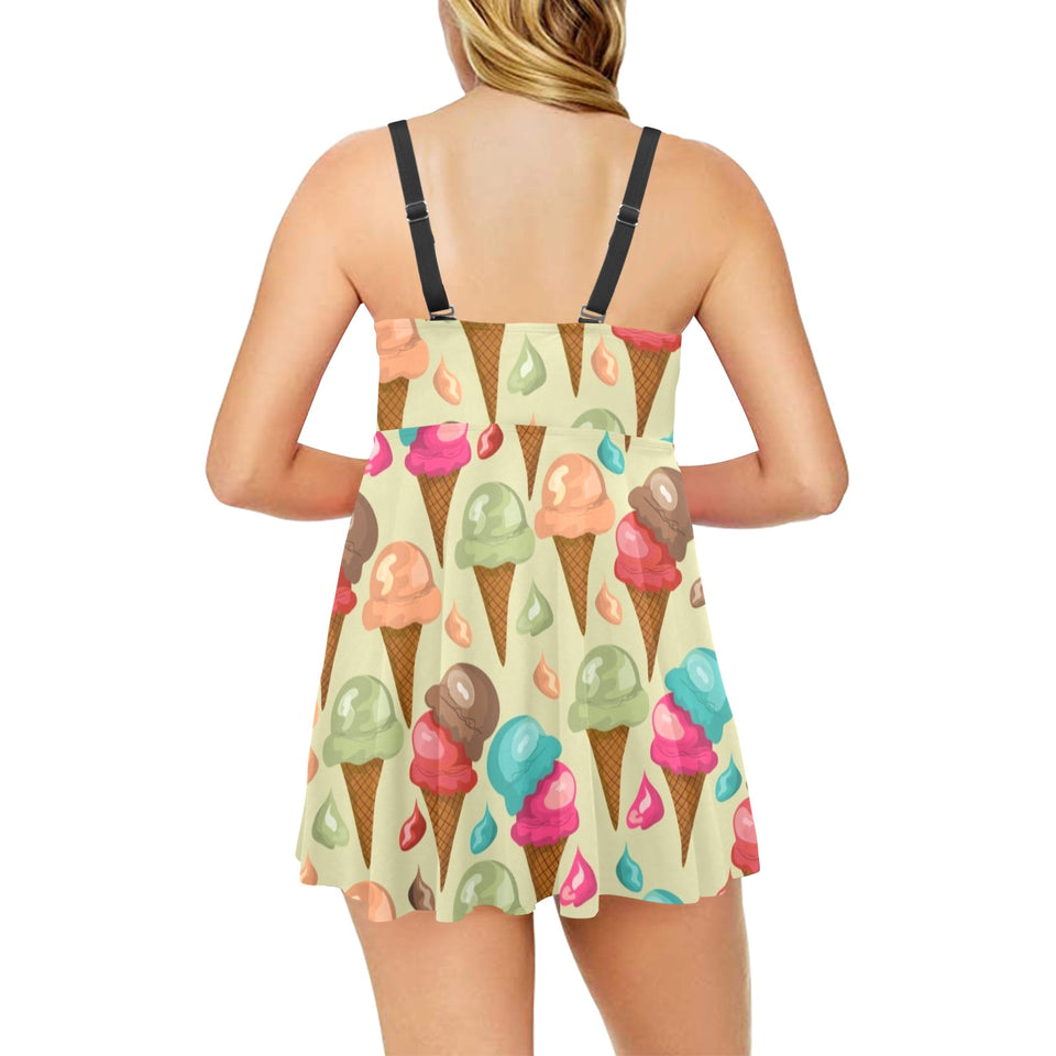 Colorful ice cream pattern Chest Sexy Pleated Two Piece Swim Dress
