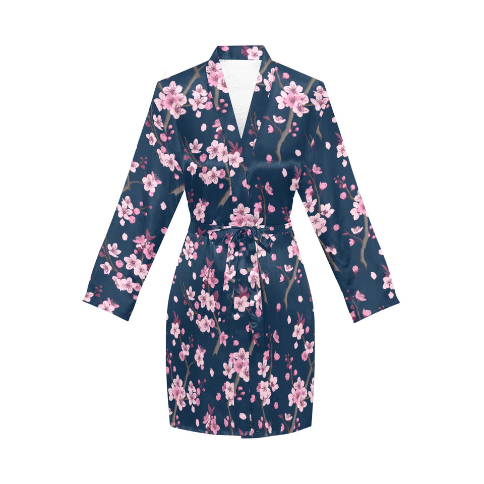 Pink sakura cherry blossom blue background Women's Long Sleeve Belted Night Robe