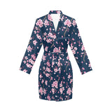 Pink sakura cherry blossom blue background Women's Long Sleeve Belted Night Robe