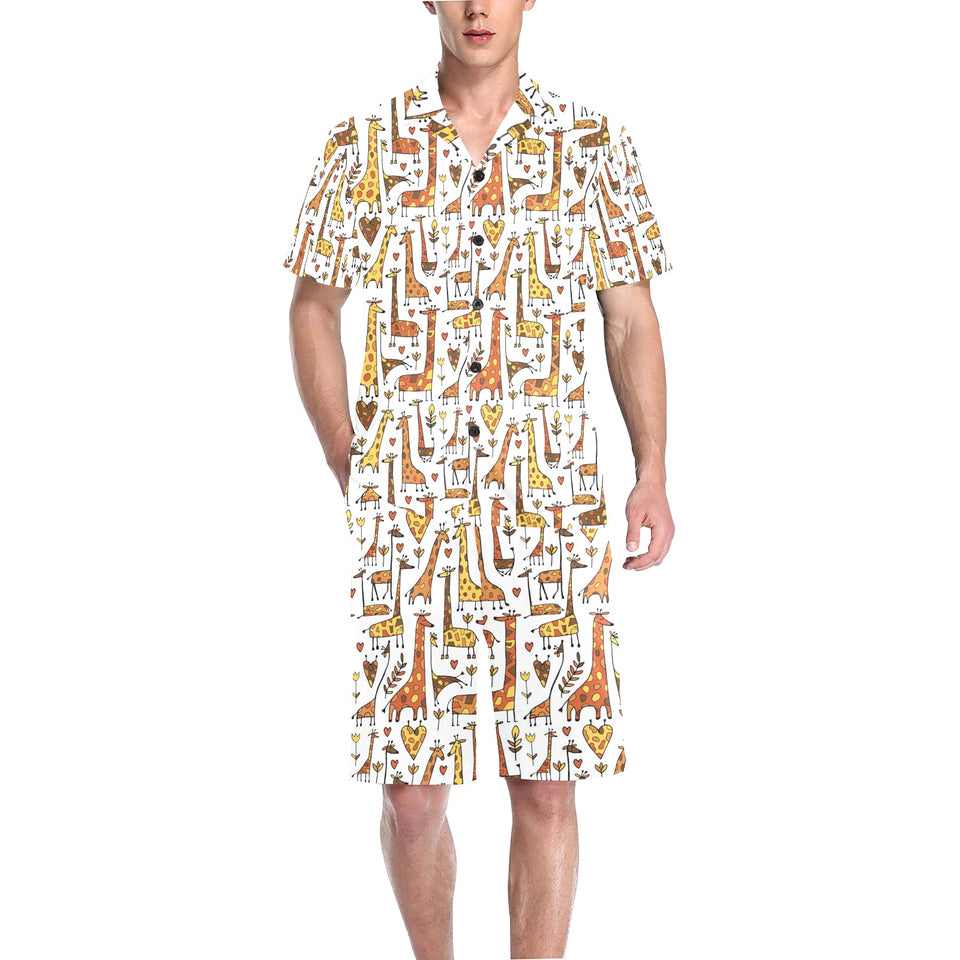 Giraffe Pattern Print Design 04 Men's V-Neck Short Pajama Set