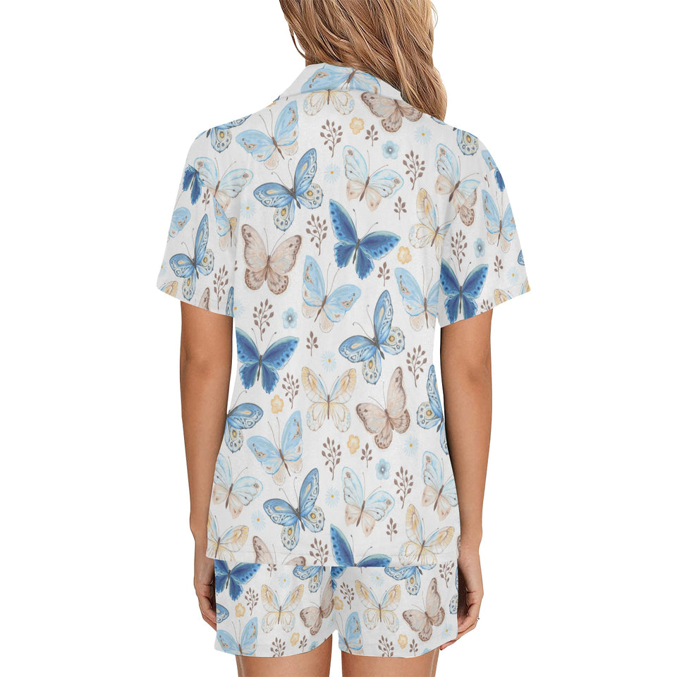 blue butterfly pattern Women's V-Neck Short Pajama Set