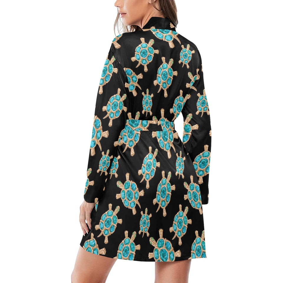 Sea turtle blue stone pattern Women's Long Sleeve Belted Night Robe