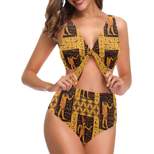 Egypt Hieroglyphics Pattern Print Design 05 Chest Bowknot High Waisted Bikini Swimsuit