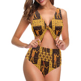 Egypt Hieroglyphics Pattern Print Design 05 Chest Bowknot High Waisted Bikini Swimsuit