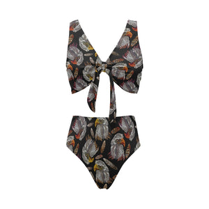 Eagle Pattern Print Design 05 Chest Bowknot High Waisted Bikini Swimsuit