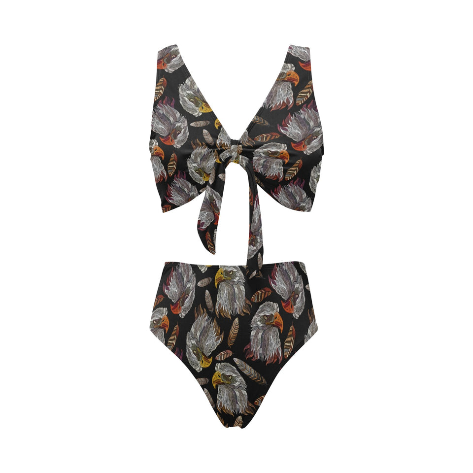 Eagle Pattern Print Design 05 Chest Bowknot High Waisted Bikini Swimsuit