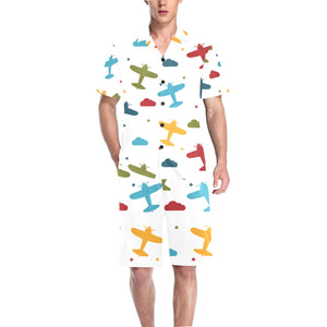 Airplane star cloud colorful Men's V-Neck Short Pajama Set