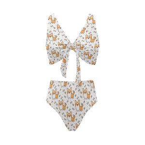 Cute corgi heart star bone pattern Chest Bowknot High Waisted Bikini Swimsuit