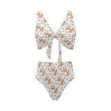 Cute corgi heart star bone pattern Chest Bowknot High Waisted Bikini Swimsuit