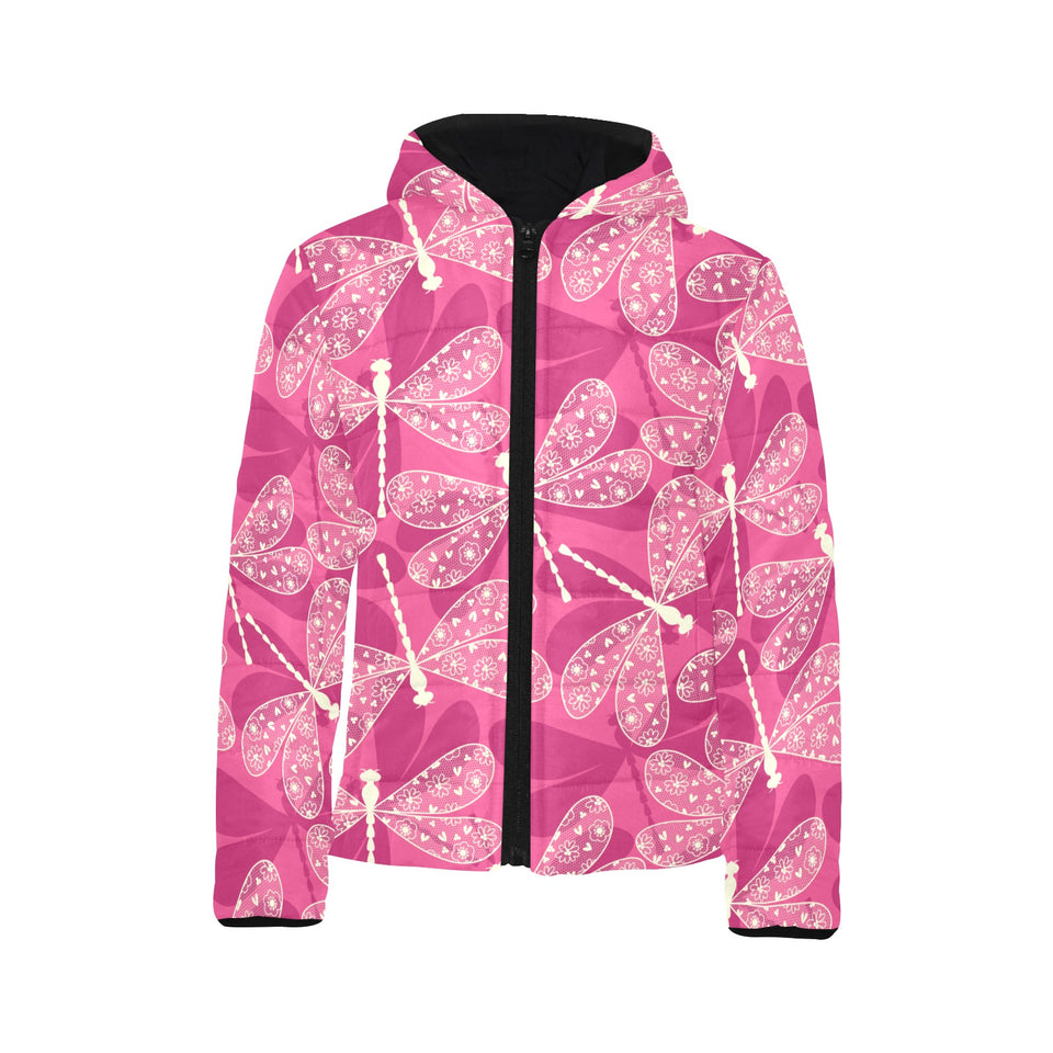 Beautiful dragonfly pink background Kids' Boys' Girls' Padded Hooded Jacket