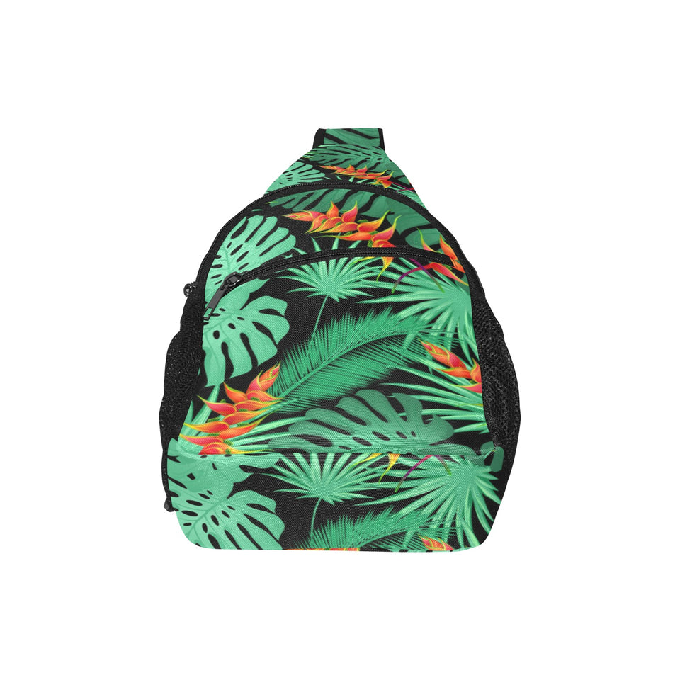 heliconia flower palm monstera leaves black backgr All Over Print Chest Bag