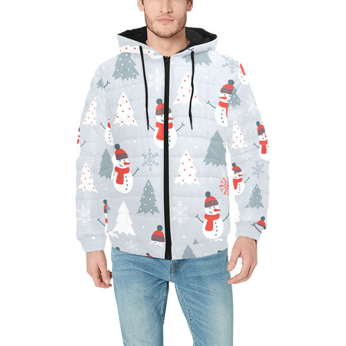 Snowman christmas tree snow gray background Men's Padded Hooded Jacket