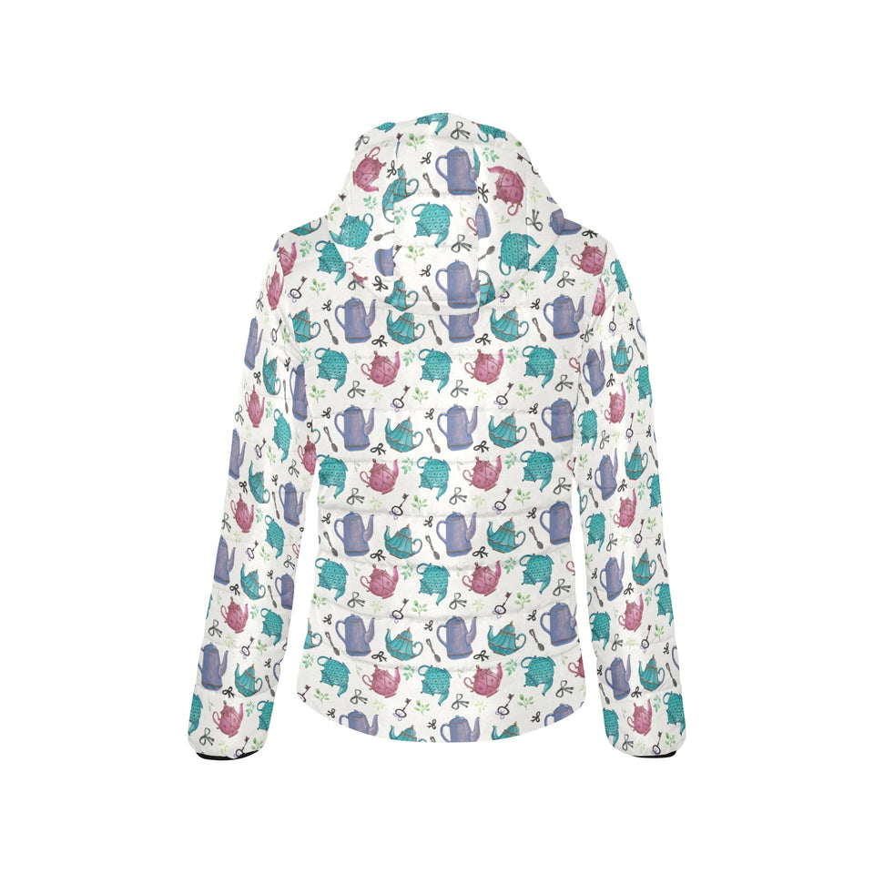 Tea pots Pattern Print Design 05 Women's Padded Hooded Jacket
