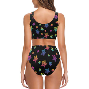 Colorful star pattern Chest Bowknot High Waisted Bikini Swimsuit