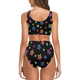 Colorful star pattern Chest Bowknot High Waisted Bikini Swimsuit