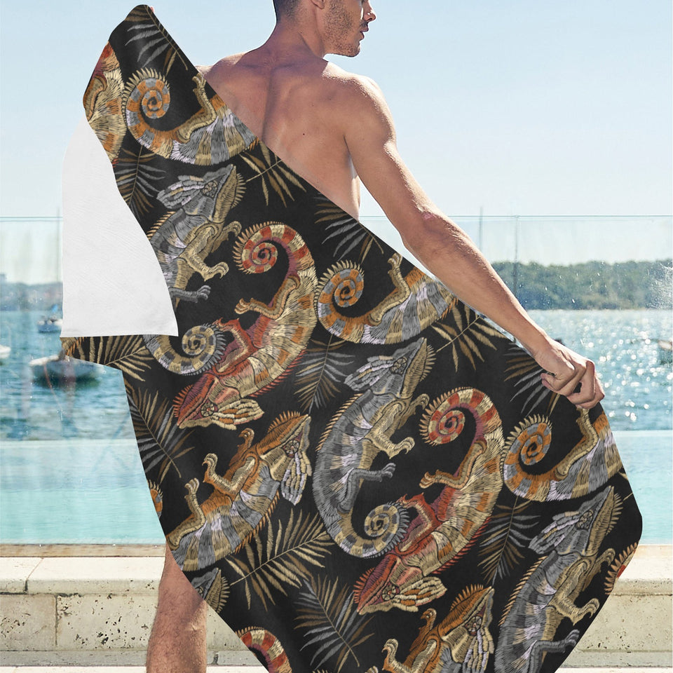 Chameleon lizard tropical leaves palm tree Beach Towel
