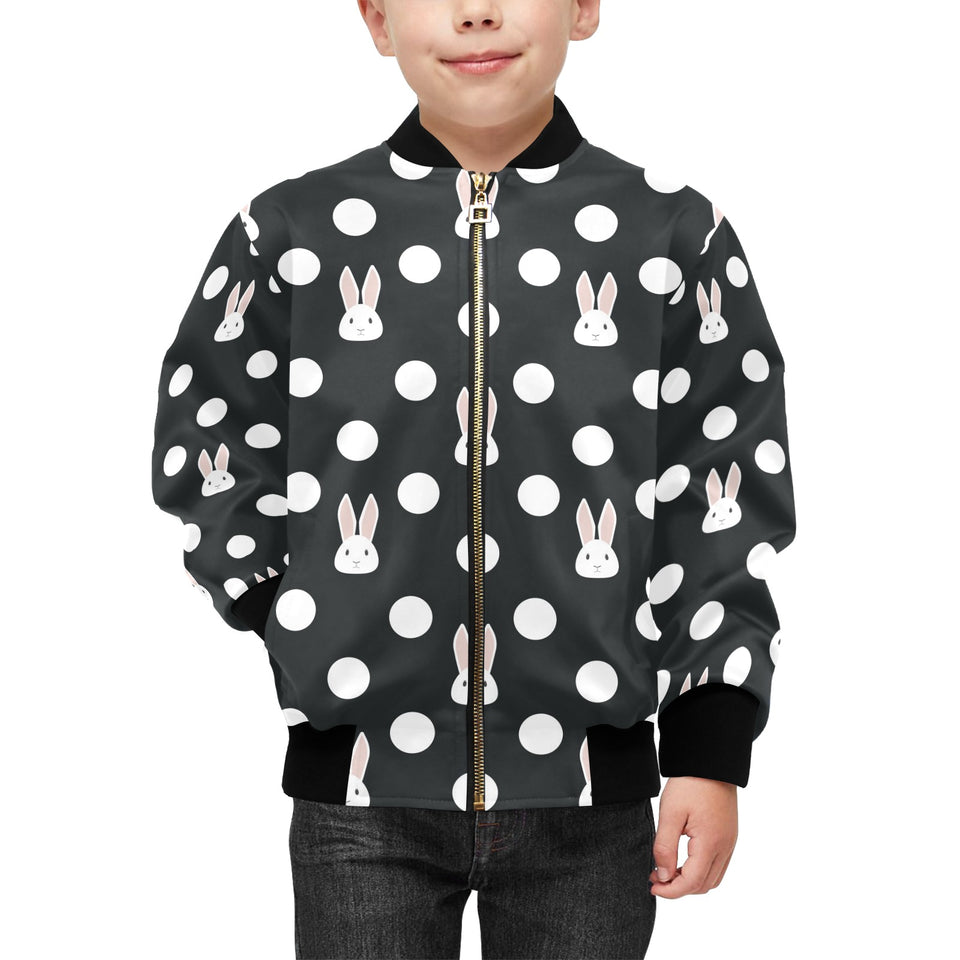 Cute white rabbit polka dots black background Kids' Boys' Girls' Bomber Jacket