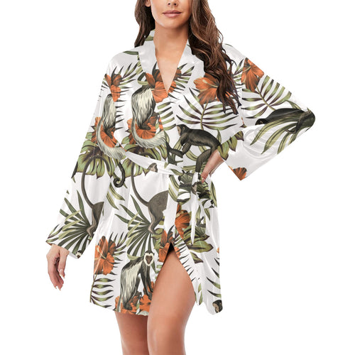 Monkey red hibiscus flower palm leaves floral patt Women's Long Sleeve Belted Night Robe