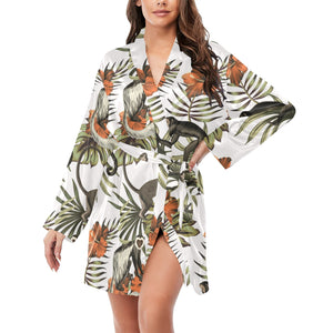 Monkey red hibiscus flower palm leaves floral patt Women's Long Sleeve Belted Night Robe