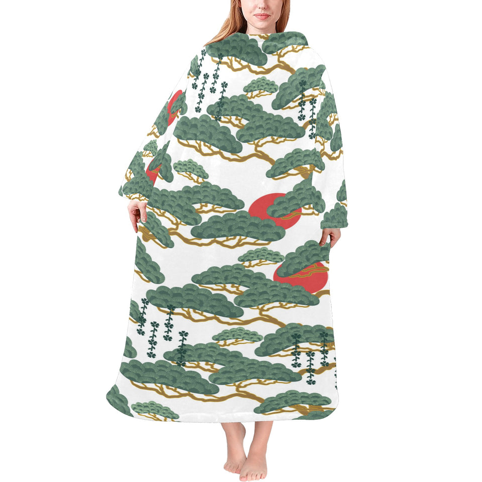 Bonsai red sun japanese pattern Blanket Robe with Sleeves