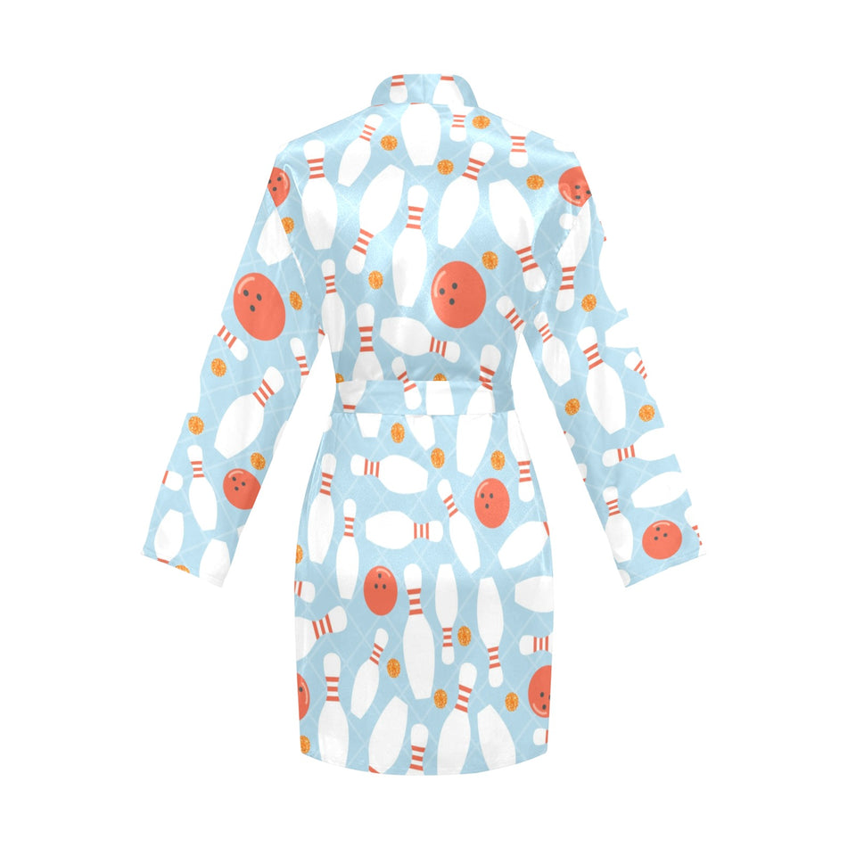 Bowling ball bowling pins blue blackground Women's Long Sleeve Belted Night Robe