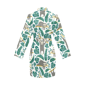 Cute sloths tropical palm leaves white background Women's Long Sleeve Belted Night Robe