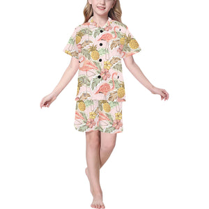 Pink flamingo birds pineapples hibiscus flower pat Kids' Boys' Girls' V-Neck Short Pajama Set