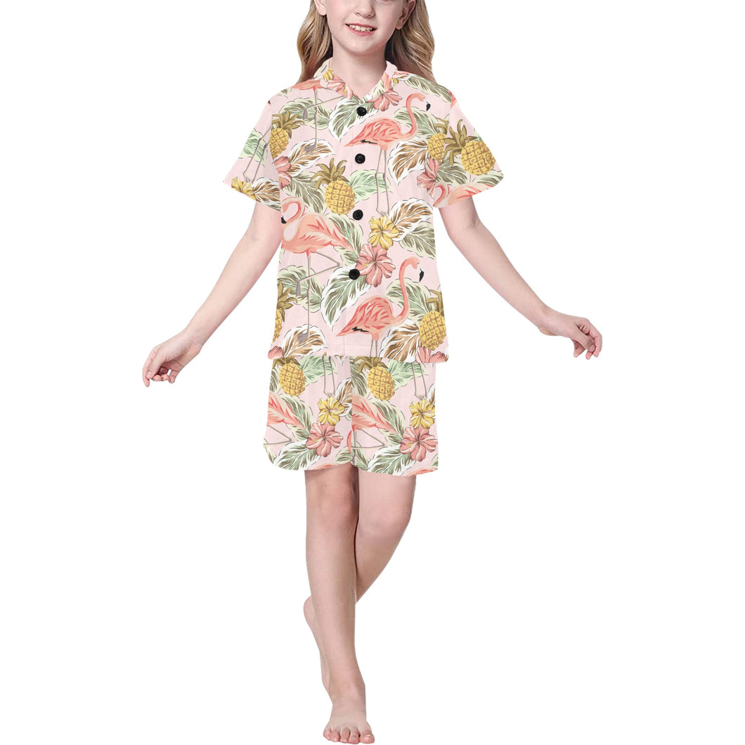 Pink flamingo birds pineapples hibiscus flower pat Kids' Boys' Girls' V-Neck Short Pajama Set