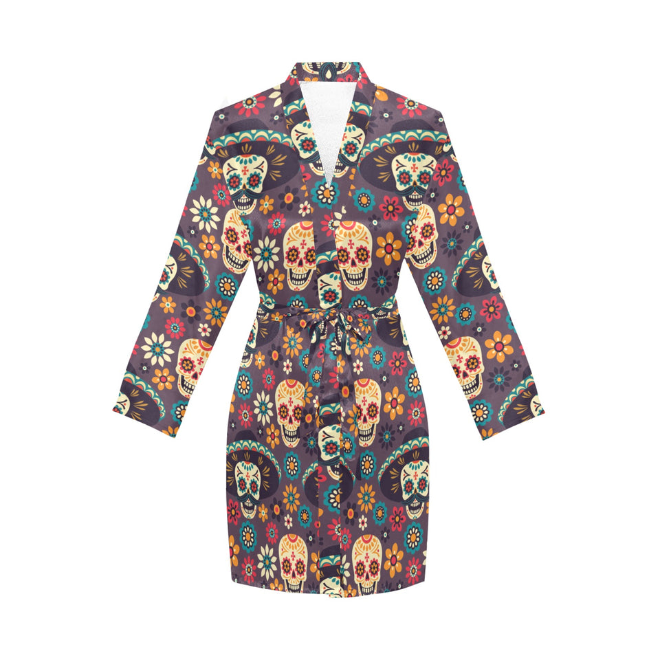 Sugar skulls flower maxican pattern Women's Long Sleeve Belted Night Robe