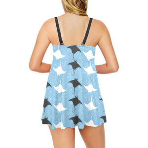 Stingray Pattern Print Design 03 Chest Sexy Pleated Two Piece Swim Dress