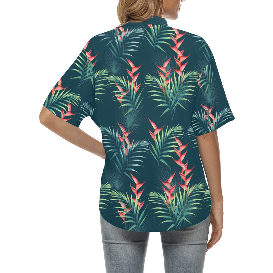 heliconia flowers, palm and monstera leaves on bla Women's All Over Print Hawaiian Shirt
