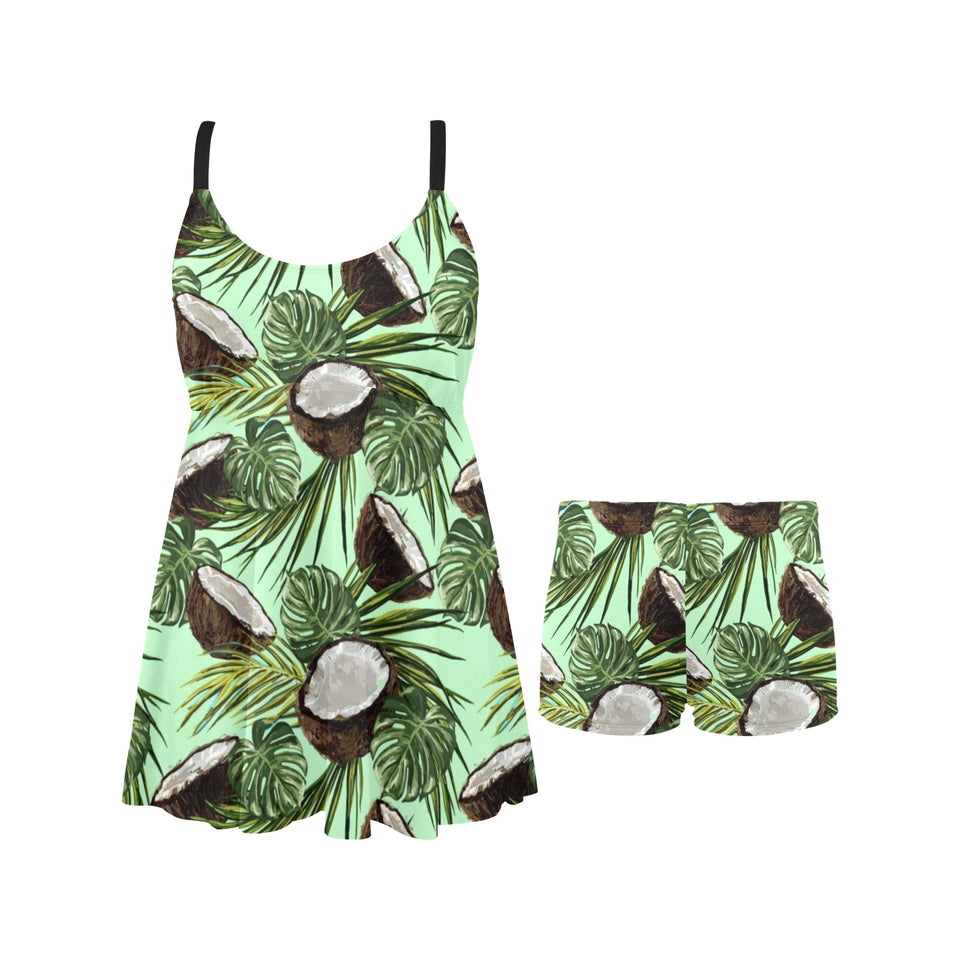 Coconut Pattern Print Design 02 Chest Sexy Pleated Two Piece Swim Dress