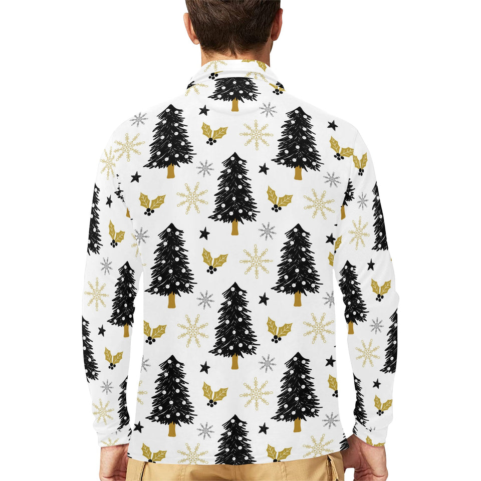 Christmas tree holly snow star pattern Men's Long Sleeve Polo Shirt