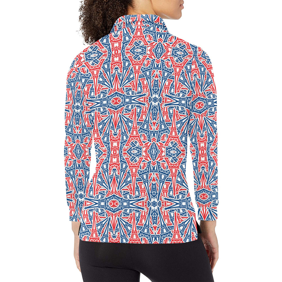 Blue Red Eiffel Tower Pattern Print Design 02 Women's Long Sleeve Polo Shirt