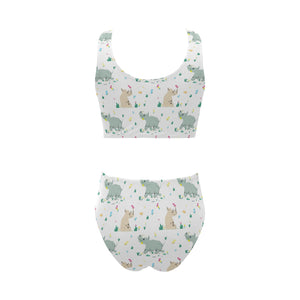 Cute Rhino pattern Chest Bowknot High Waisted Bikini Swimsuit