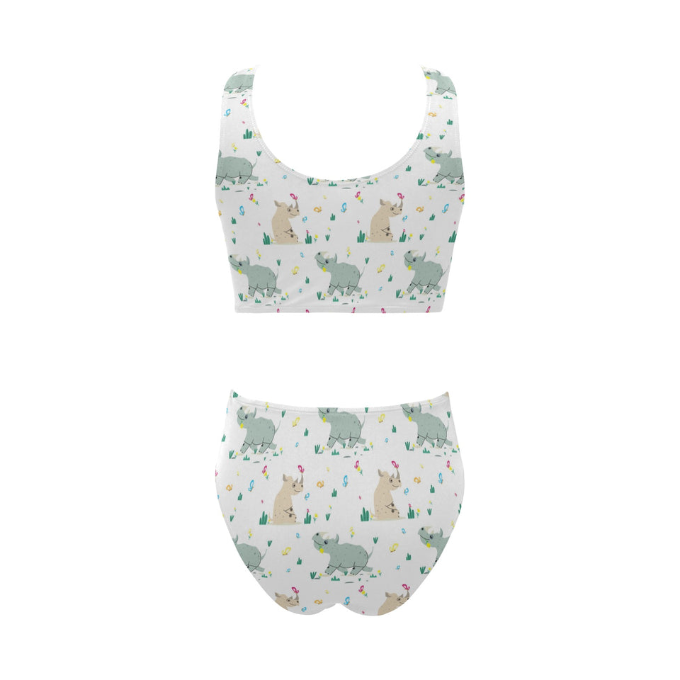 Cute Rhino pattern Chest Bowknot High Waisted Bikini Swimsuit