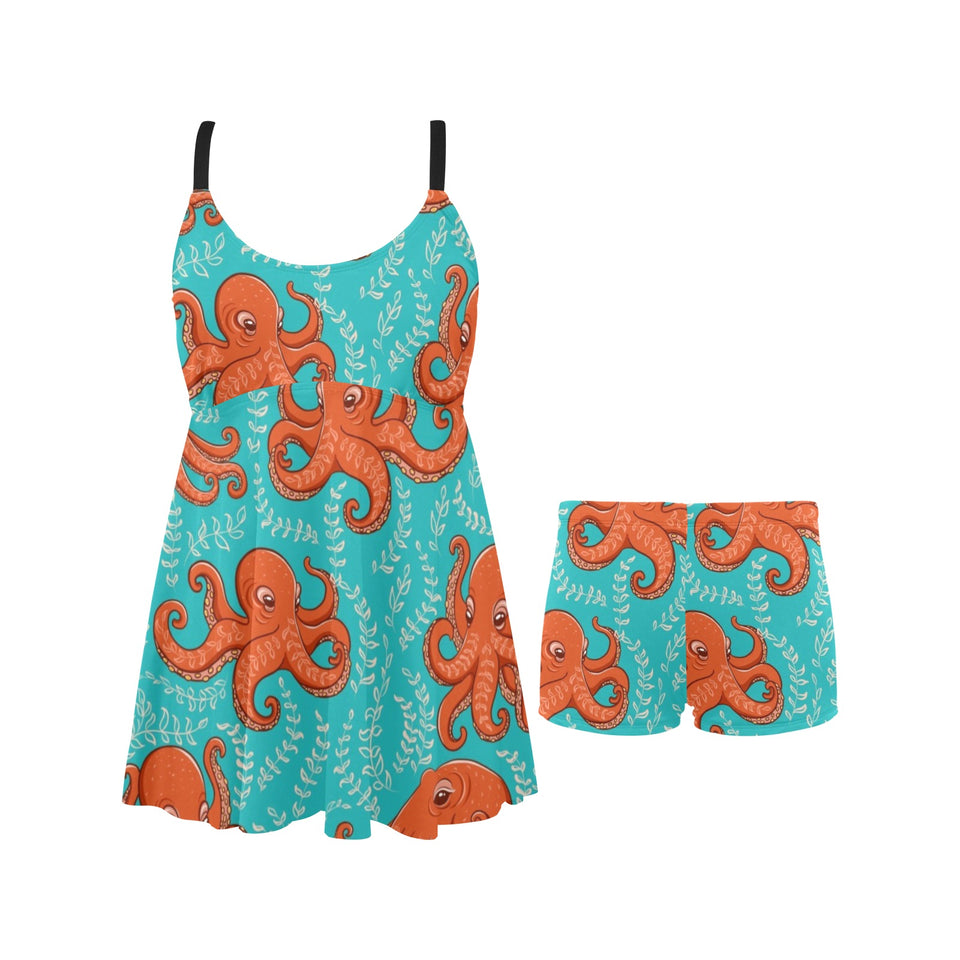 Octopus turquoise background Chest Sexy Pleated Two Piece Swim Dress
