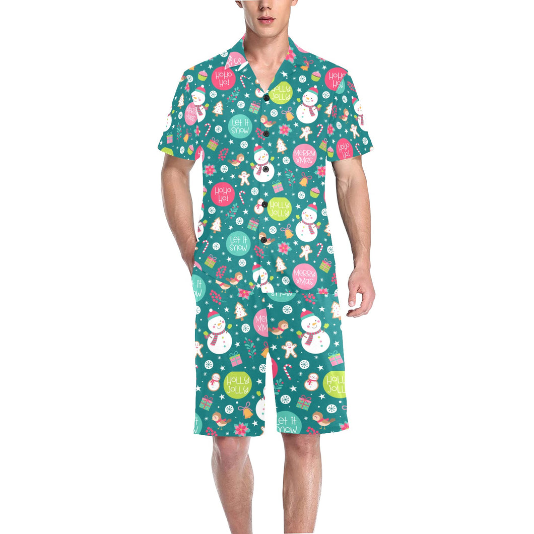 Snowman bird decorative elements christmas pattern Men's V-Neck Short Pajama Set