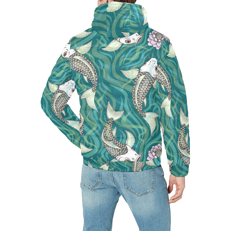 Koi Fish Carp Fish lotus pattern Men's Padded Hooded Jacket