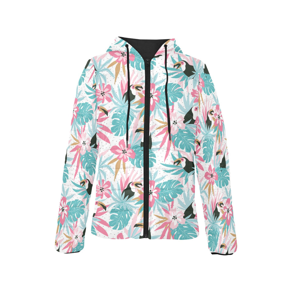 Toucan tropical flower leave pattern Women's Padded Hooded Jacket