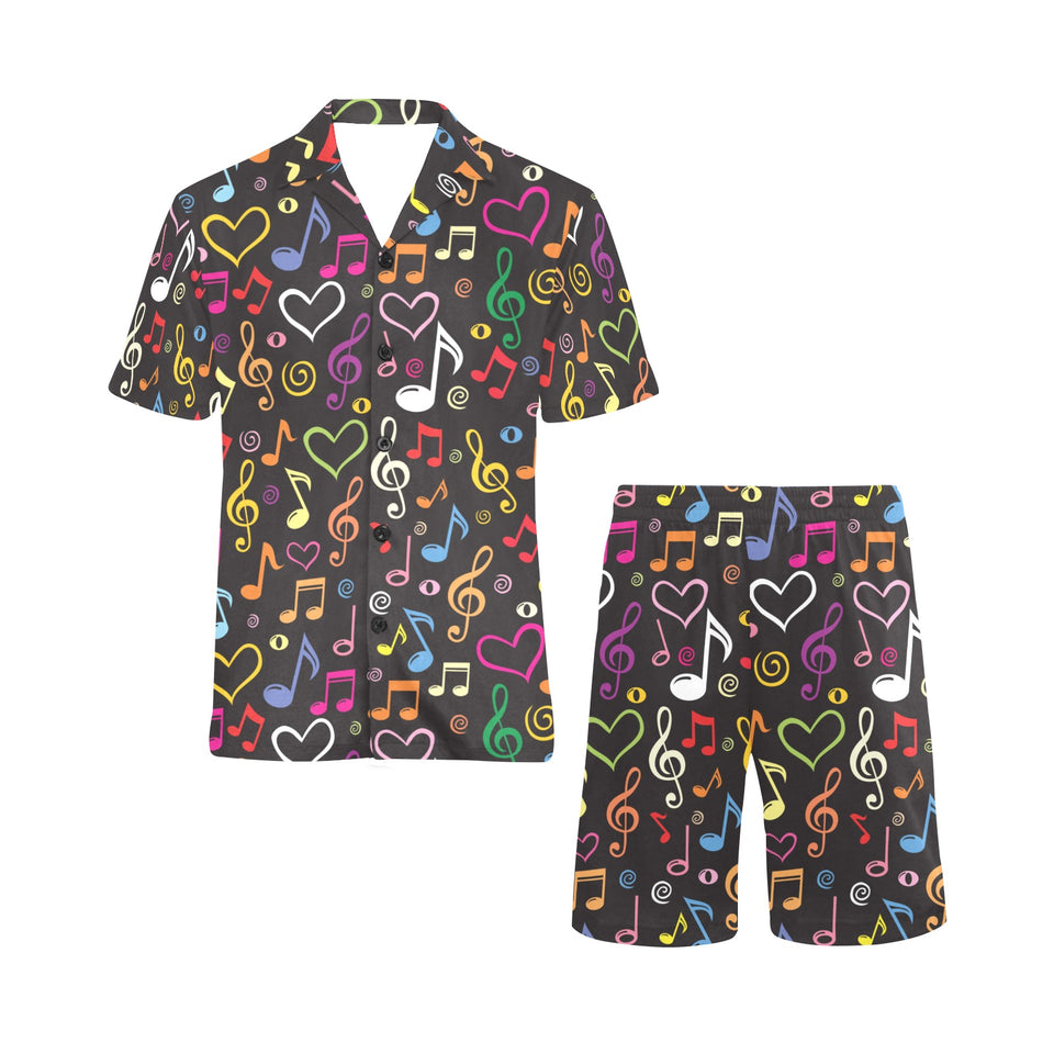 Music Notes Pattern Print Design 02 Men's V-Neck Short Pajama Set