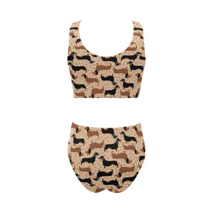 Dachshund floral background Chest Bowknot High Waisted Bikini Swimsuit
