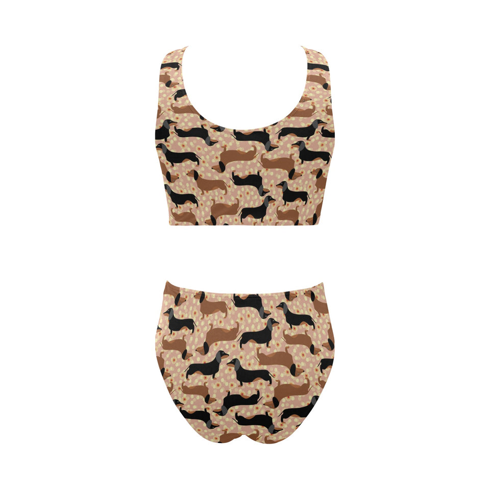 Dachshund floral background Chest Bowknot High Waisted Bikini Swimsuit