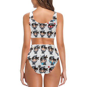 Cute ninja design pattern Chest Bowknot High Waisted Bikini Swimsuit