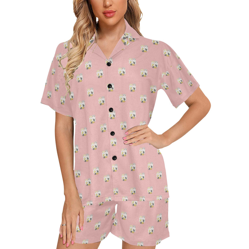 Cute hamster cheese pattern pink background Women's V-Neck Short Pajama Set