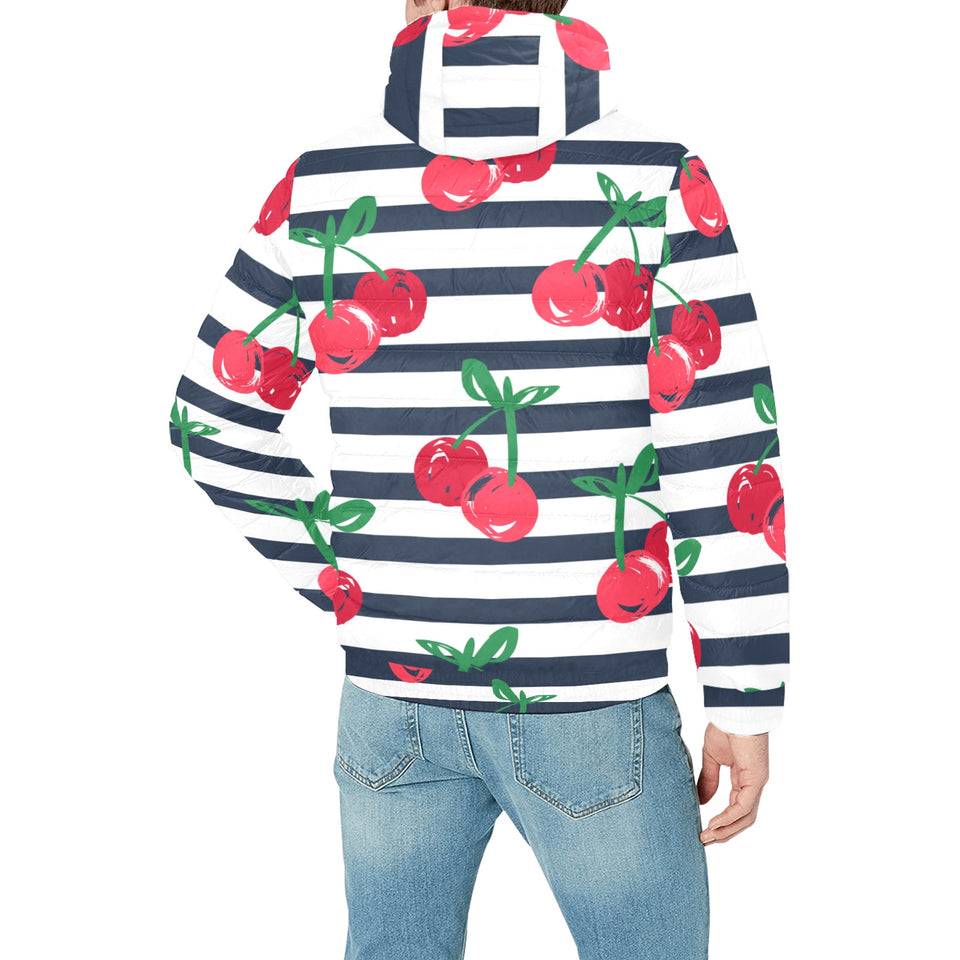 Hand drawn cherry pattern striped background Men's Padded Hooded Jacket