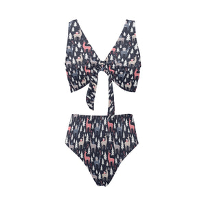 Deers Winter Christmas pattern Chest Bowknot High Waisted Bikini Swimsuit