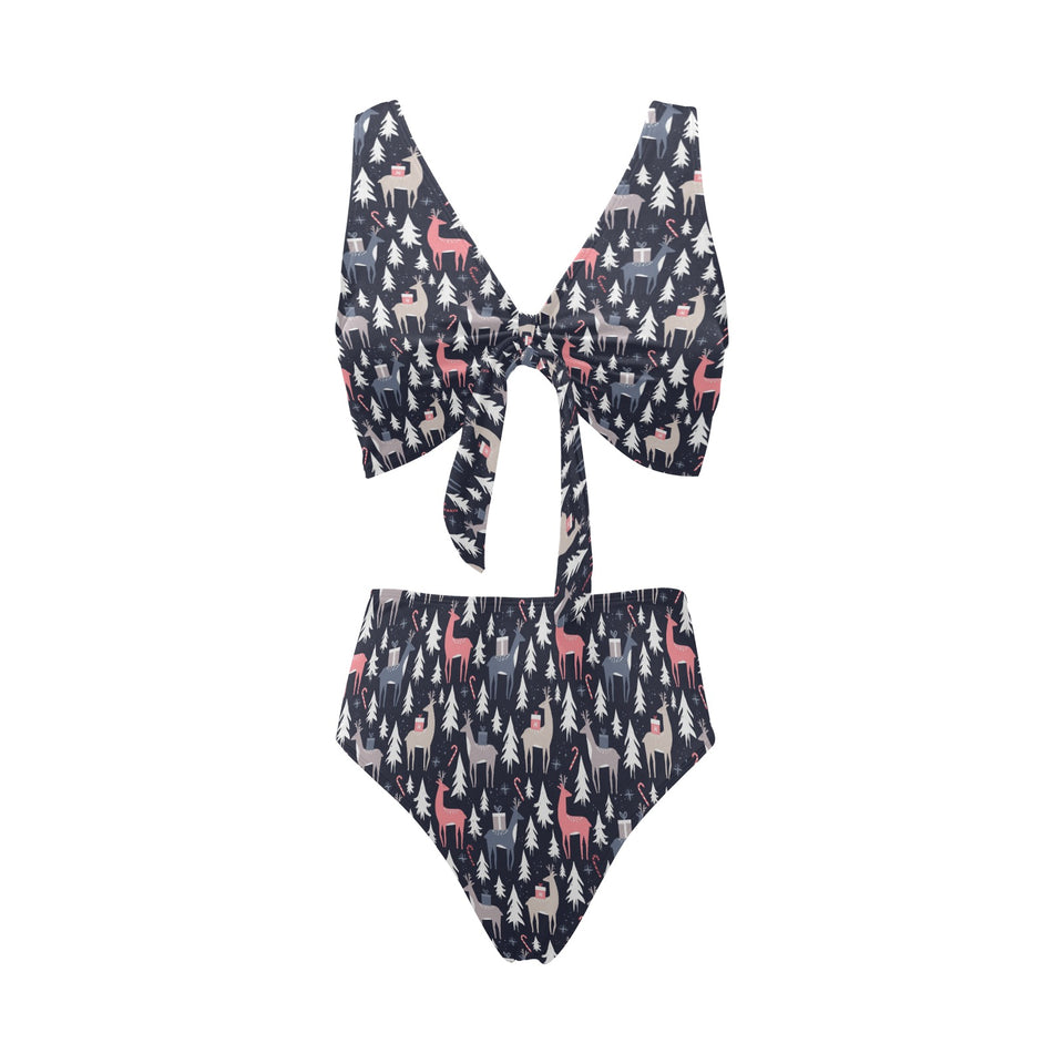 Deers Winter Christmas pattern Chest Bowknot High Waisted Bikini Swimsuit