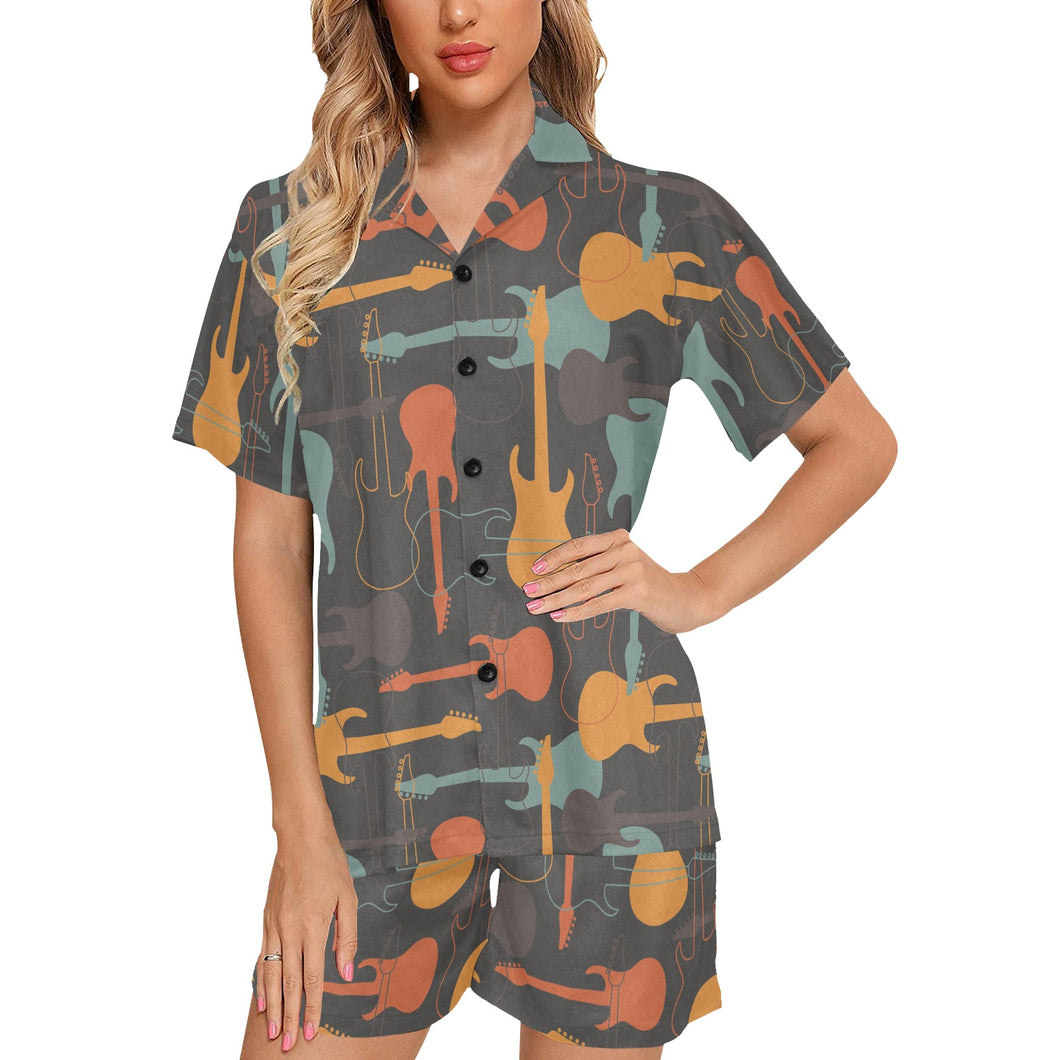 electric guitars pattern Women's V-Neck Short Pajama Set